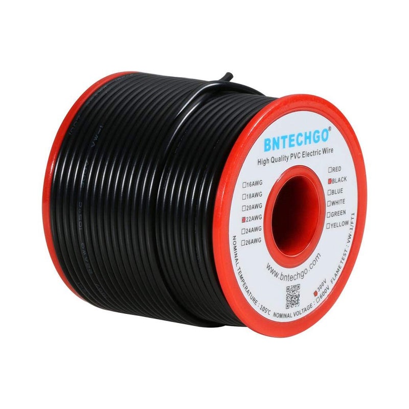 BNTECHGO سلك كهربائي صلب BNTECHGO 22 قياس PVC 1007 أسود 100 قدم 22 AWG 1007 سلك نحاسي مغطى بالقصدير - Image 1